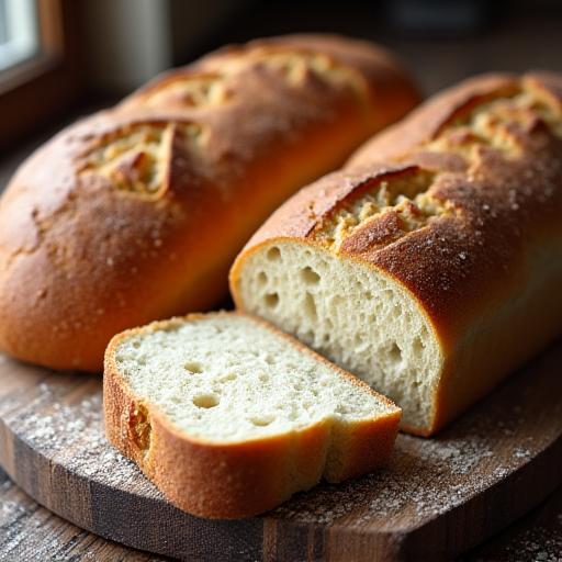 A rustic wooden board with freshly baked sourdough bread, one loaf sliced.